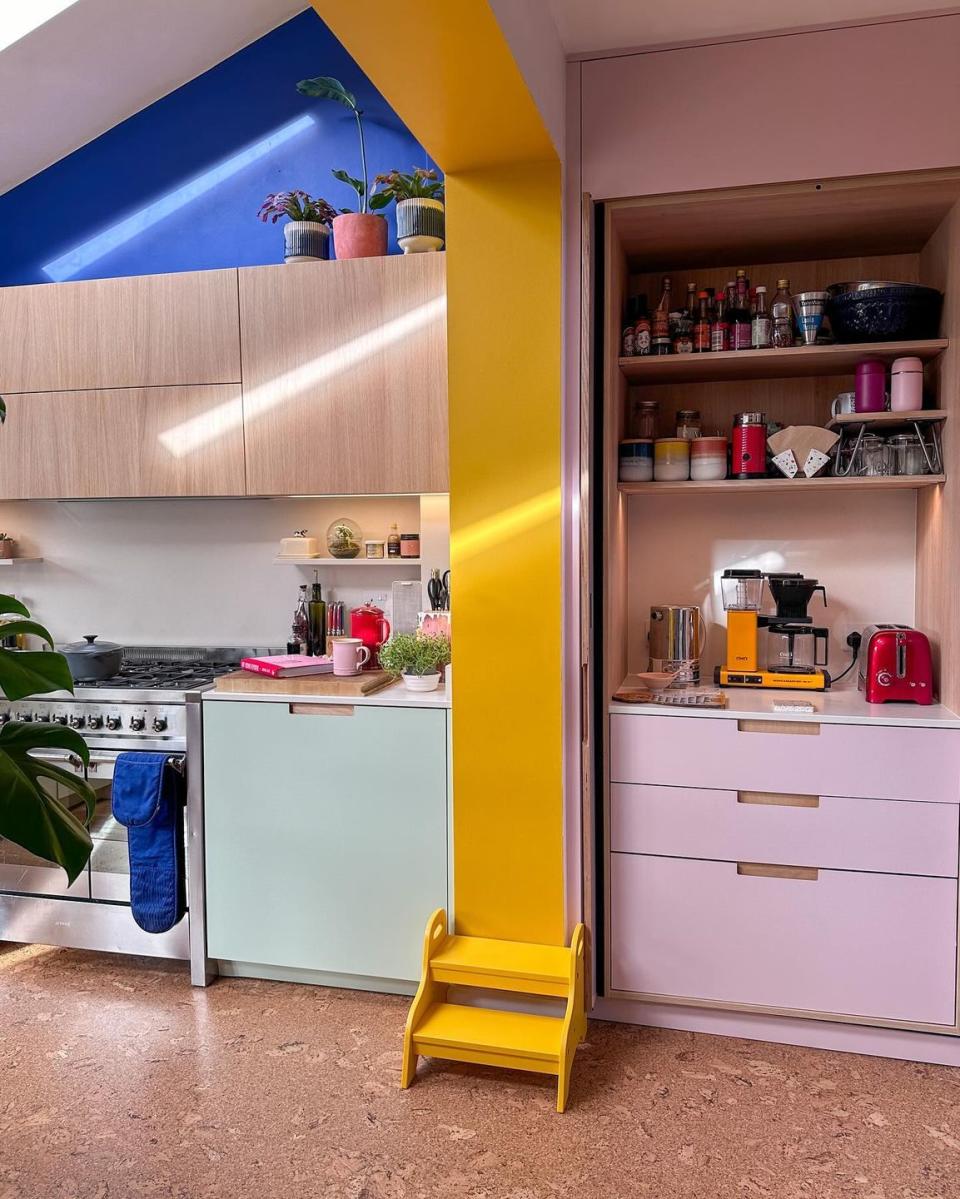 a kitchen with a yellow wall