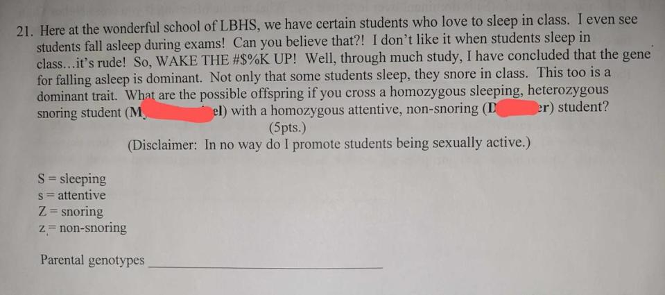 Esta pregunta apareció en un examen final de Biología de Luther Burbank High School en junio de 2024. Las fuentes que proporcionaron las imágenes al Sacramento Bee ocultaron los nombres de los alumnos.