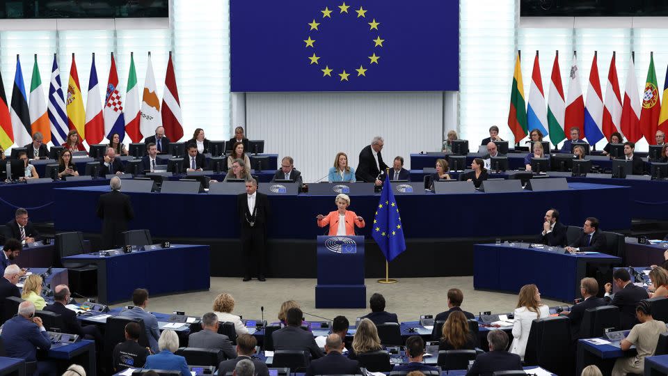 European Union Commission President Ursula von der Leyen gives her annual State of the Union address at the European Parliament in Strasbourg, on September 13. Every five years, EU citizens choose who represents them in the European Parliament, with the next election happening in June. - Frederick Florin/AFP/Getty Images