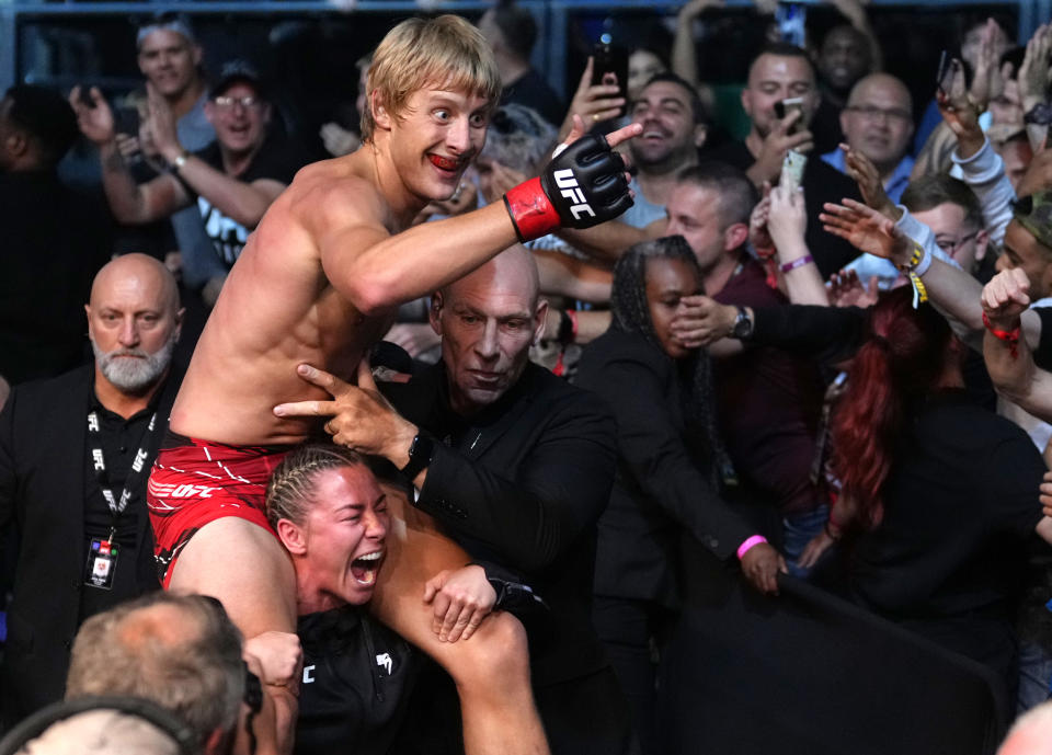 LONDON, ENGLAND - JULY 23: Paddy Pimblett of England celebrates after his victory over Jordan Leavitt in a lightweight fight during the UFC Fight Night event at O2 Arena on July 23, 2022 in London, England. (Photo by Jeff Bottari/Zuffa LLC)