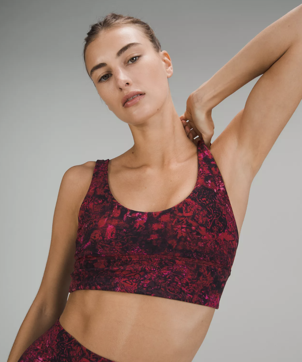 woman wearing red pattern New Year Lululemon Align Bra (photo via Lululemon)