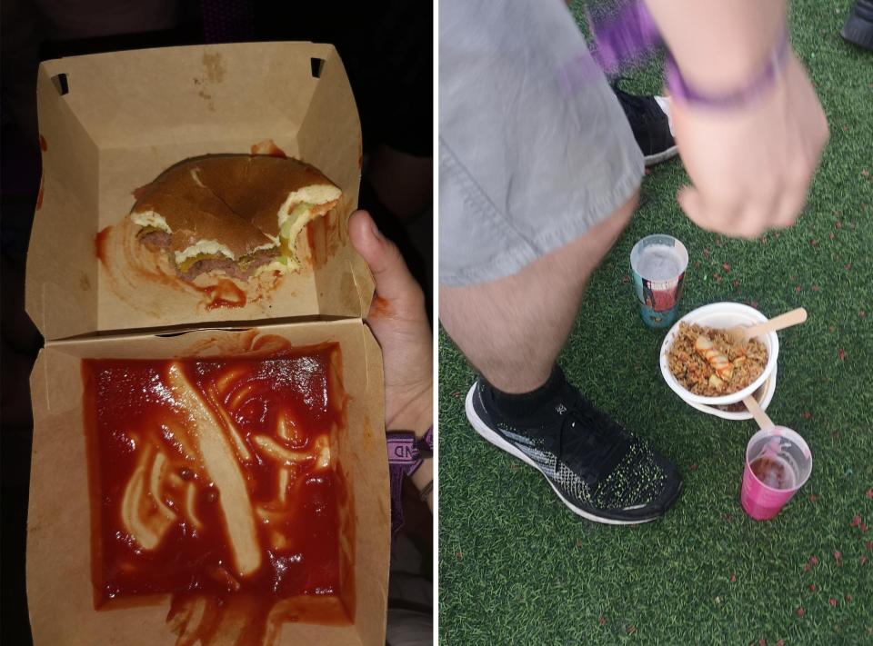 A vegetarian burger and a bowl of noodles from the food stalls at Primavera Sound.