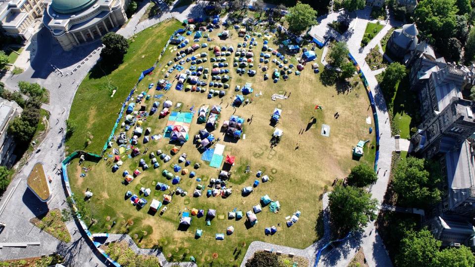 A drone image of the Pro-Palestinian protest encampment at University of Toronto's King's College Circle on Friday, May 31.