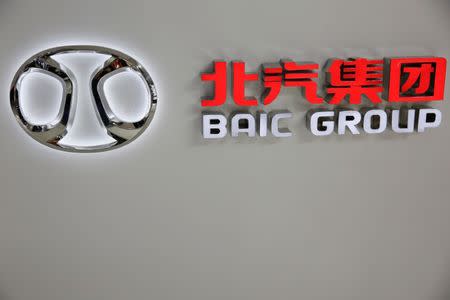 The logo of Beijing Automotive Group (BAIC) is seen during the Auto China 2016 auto show in Beijing, China, April 29, 2016. REUTERS/Damir Sagolj/File Photo