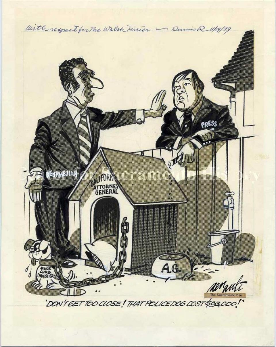 A 1979 Sacramento Bee editorial cartoon by Dennis Renault depicts then-Attorney General George Deukmejian obstructing a cigar-smoking man labeled “press” that bears a resemblance to reporter Denny Walsh. “With respect for the Walsh Terrier,” reads an inscription on the original artwork from the cartoonist.