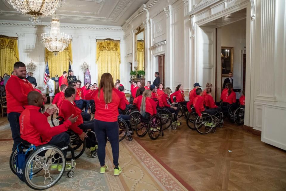 <p>Members of the 2016 United States Summer Paralympic Team depart from the East Room the White House in Washington, Thursday, Sept. 29, 2016, following a ceremony where President Barack Obama honored the 2016 United States Summer Olympic and Paralympic Teams. (AP Photo/Andrew Harnik)</p>