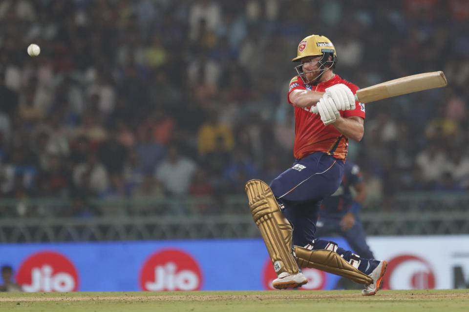 Punjab Kings' Jonny Bairstow plays a shot during the Indian Premier League cricket match between Lucknow Super Giants and Punjab Kings in Lucknow, India, Saturday, March 30, 2024.(AP Photo/Pankaj Nangia)