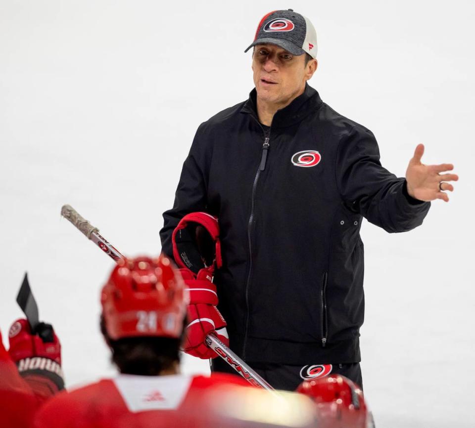 Carolina Hurricanes coach Rod Brind’Amour talks to center Seth Jarvis (24) during practice on Thursday, May 2, 2024 at PNC Arena in Raleigh, N.C.