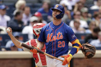 New York Mets' Pete Alonso reacts after striking out during the fifth inning of a baseball game against the Philadelphia Phillies, Tuesday, May 14, 2024, in New York. (AP Photo/Adam Hunger)
