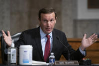 Sen. Christopher Murphy, D-Conn., speaks during a hearing on COVID-19 on Capitol Hill on Wednesday, Sept. 23, 2020, in Washington. (Alex Edelman/Pool via AP)