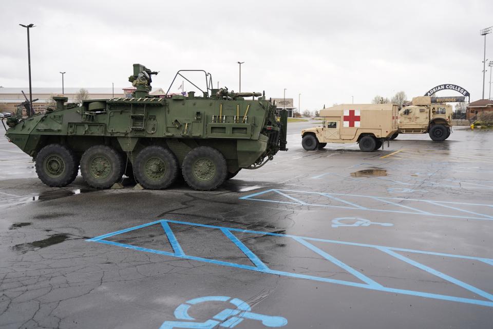 An eight-wheeled armored fighting vehicle and other pieces of military equipment were on display outside of Adrian College’s Merillat Sport and Fitness Center Friday, April 12, 2024, during the college’s second annually scheduled “Meet the Army Community Day,” a free event that was open to the public.