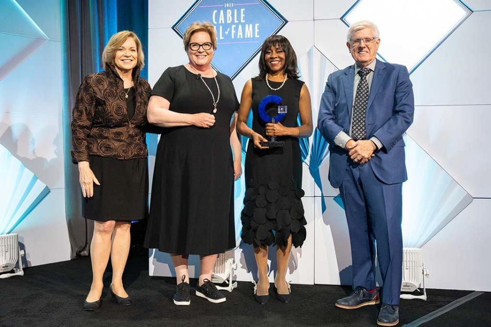 (From l.): Susan Swain, co-CEO, CSPAN; Diane Christman, CEO, Syndeo Institute at the Cable Center; Wonya Lucas, president and CEO, Hallmark Media; and Chris Lammers, COO emeritus and senior executive adviser, CableLabs, at the Cable Hall of Fame event in New York.