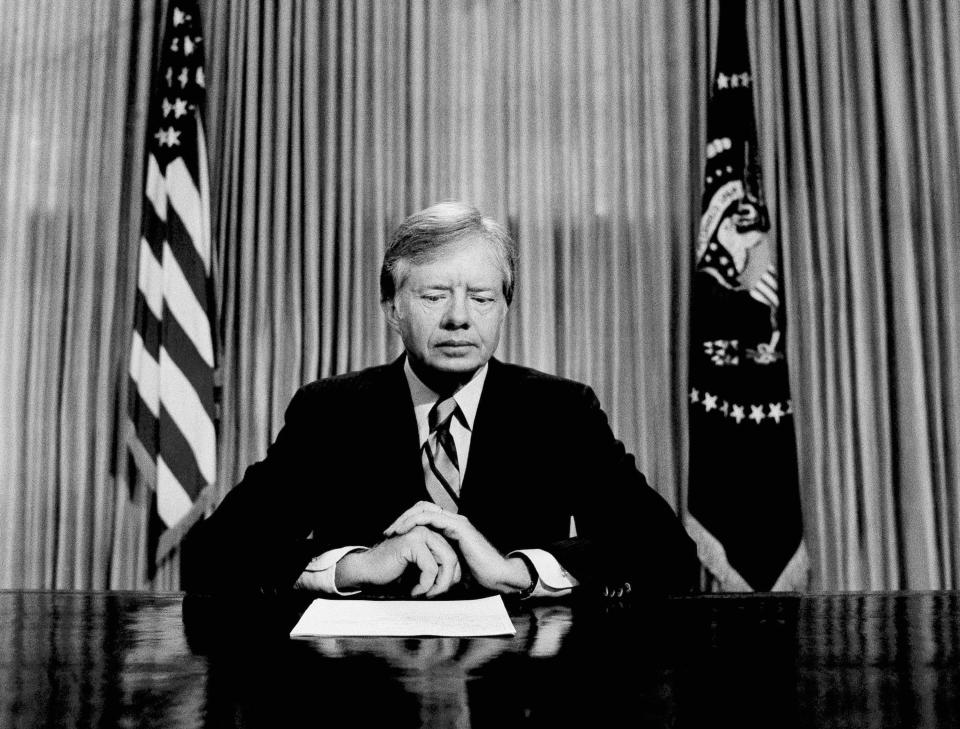 President Jimmy Carter prepares to make a national television address from the Oval Office at the White House in Washington, on the failed mission to rescue the Iran hostages on April 25, 1980.