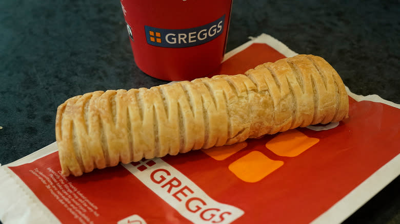 Greggs sausage roll and coffee