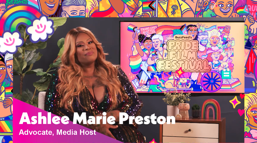 ashlee marie preston in front of a "buzzfeed's pride film festival" screen