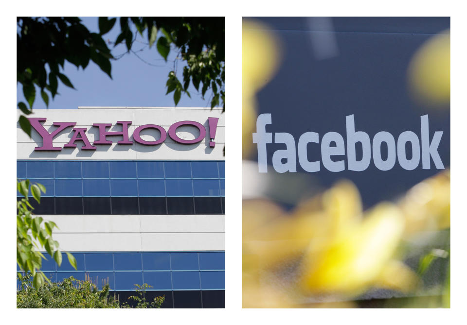 FILE - This combination of 2012 file photos shows the logos of Yahoo, left, and Facebook, outside their offices in Santa Clara, Calif. and Menlo Park, Calif. The two companies have agreed to settle a patent dispute on Friday, July 6, 2012, averting a potentially bitter battle over the technology running two of the Internet's most popular destinations. (AP Photo/Paul Sakuma)