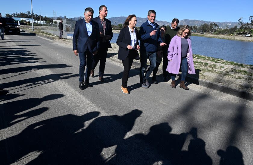 North Hollywood, California January 20, 2023-Vice President Kamala Harris, center, tours LADWP Tujunga Spreading Grounds facility with other officials Friday in Sun Valley Friday.(Wally Skalij/Los Angeles Times)