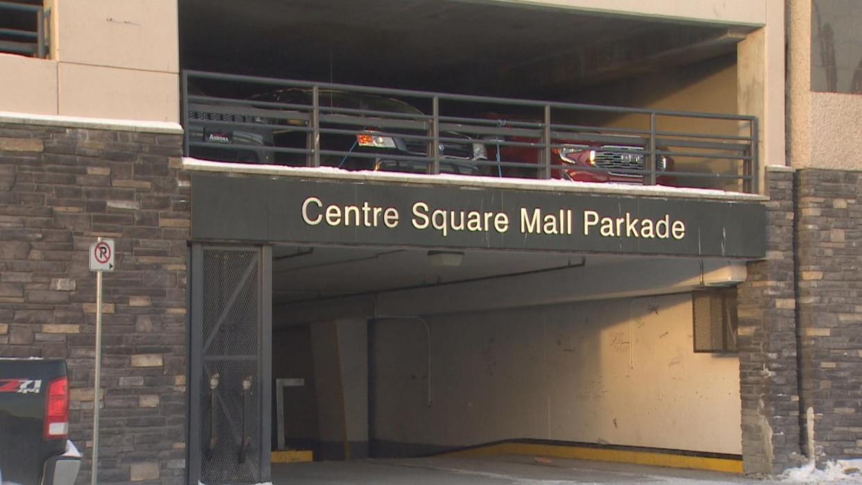 A shrill noise is blaring from the Centre Square Mall Parkade in downtown Yellowknife. (Robert Holden/CBC - image credit)