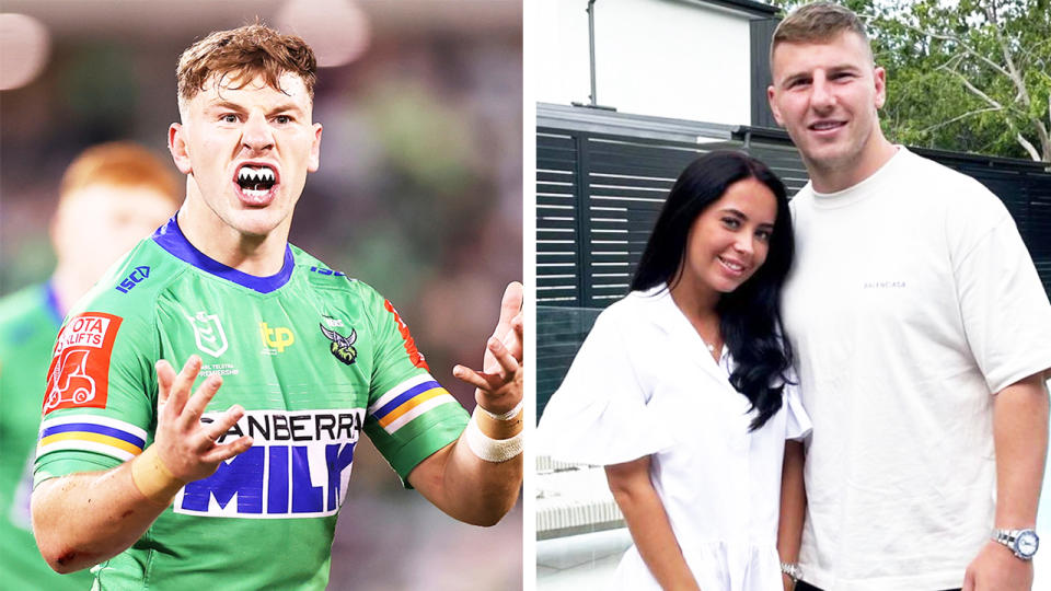 NRL star George Williams (pictured left) fuming during a game and (pictured right) with his partner.