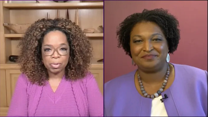 A split screen showing Oprah Winfrey and Stacey Abrams during a virtual conversation.