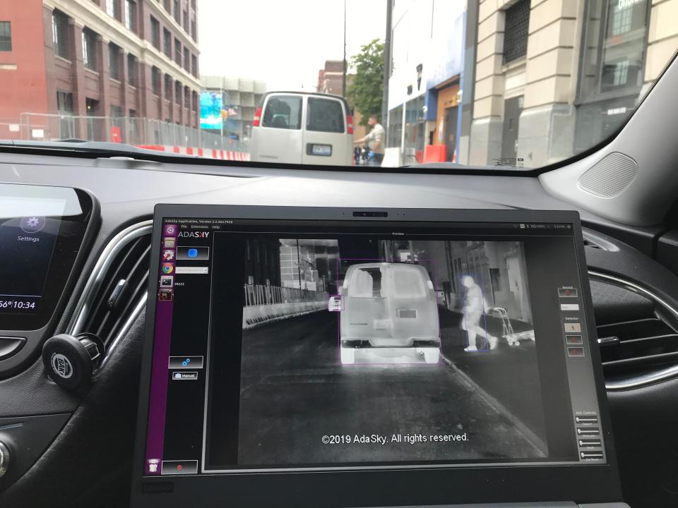 An image on a laptop screen shows what the AdaSky thermal camera sees during a demonstration, Oct. 21, 2019 in Detroit.