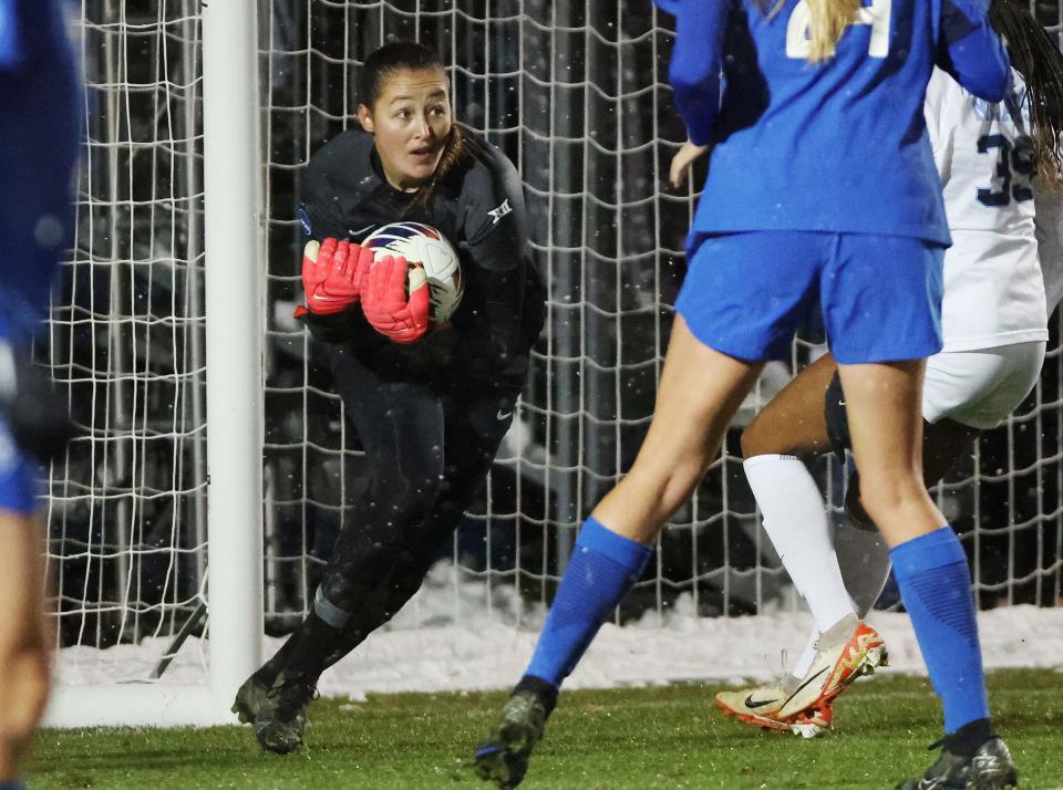 BYU goalkeeper Lynette Hernaez (00) makes a save against North Carolina during the NCAA tournament quarterfinals in Provo on Friday, Nov. 24, 2023. | Jeffrey D. Allred, Deseret News