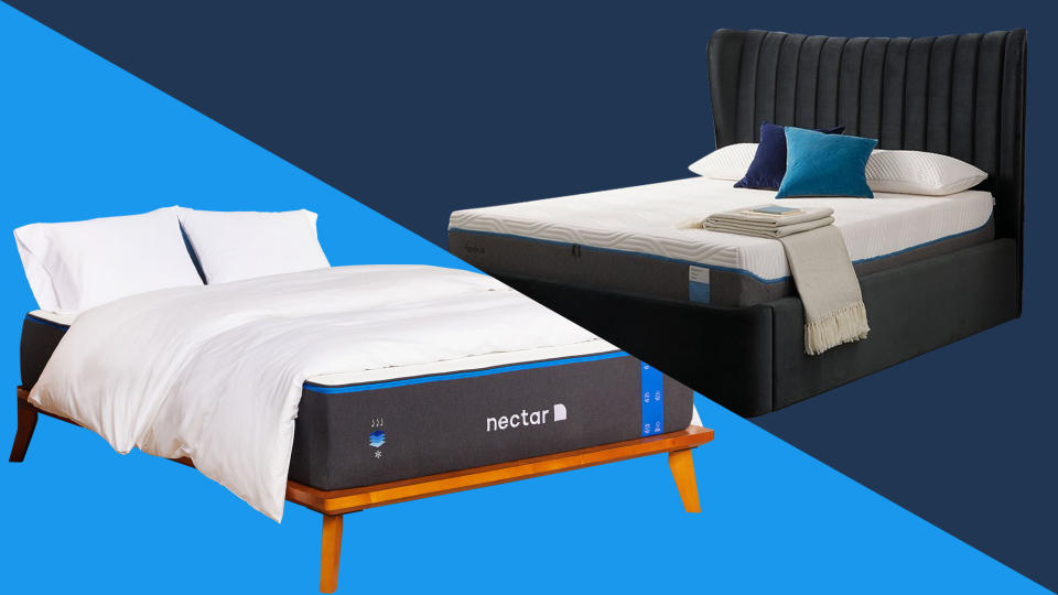  Nectar vs Tempur-Pedic mattress comparison image shows the Nectar Memory Foam on a blue background and the Tempur-Pedic Cloud on a dark blue background. 