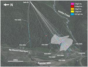 East-looking image of the current drill pattern at Sebakwe indicating the drill holes reported in this release. Two preliminary zones of gold mineralization have been modeled with a north westerly dip under Lesley Creek to the east of the Premier mill.