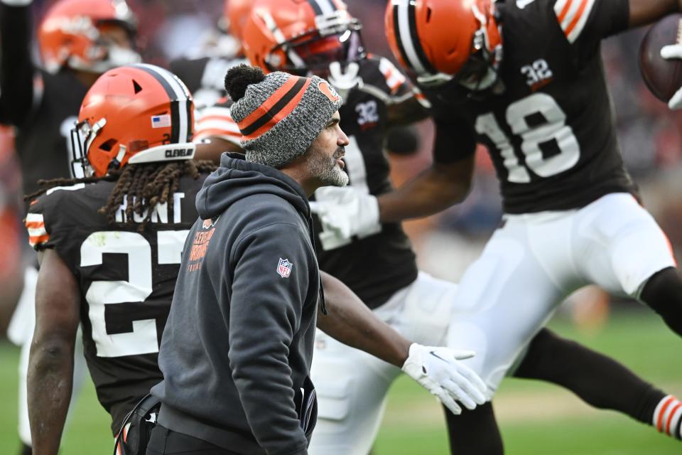 Cleveland Browns players celebrate a touchdown by wide receiver David Bell (18) as coach Kevin Stefanski looks on against the Jacksonville Jaguars on Dec. 10, 2023, in Cleveland.