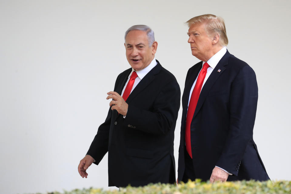 FILE - In this March 25, 2019, file photo, President Donald Trump and visiting Israeli Prime Minister Benjamin Netanyahu walk along the Colonnade of the White House in Washington. Netanyahu on Wednesday, Aug. 21, 2019, is steering clear of Trump’s comments questioning the loyalty of American Jews who support the Democratic Party, ignoring condemnation from Jewish critics who accuse him of voicing longstanding anti-Semitic tropes. (AP Photo/Manuel Balce Ceneta, File)