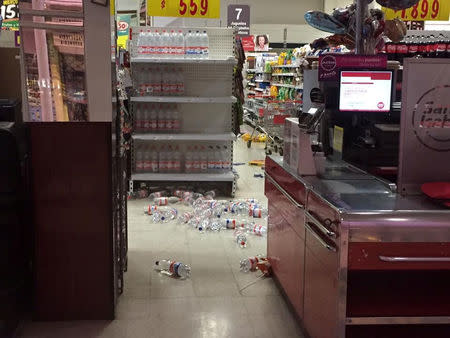 Merchandise is seen on the ground inside a supermarket after an earthquake hit off the coast in Vina del Mar, Chile April 24, 2017 REUTERS/Stringer