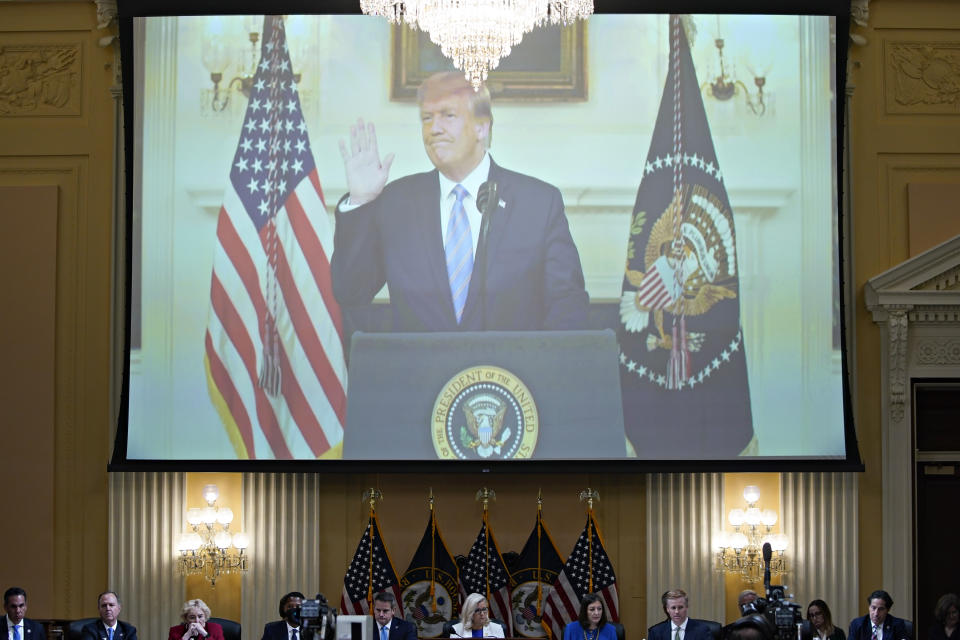 A video of President Donald Trump recording a statement on Jan. 7, 2021, is played, as the House select committee investigating the Jan. 6 attack on the U.S. Capitol holds a hearing at the Capitol in Washington, Thursday, July 21, 2022. (Al Drago/Pool via AP)