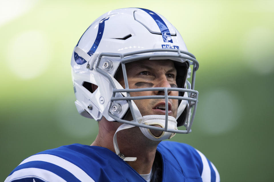 FILE - Indianapolis Colts quarterback Philip Rivers is shown on the sidelines during an NFL football game between the Colts and Baltimore Ravens in Indianapolis, in this Sunday, Nov. 8, 2020, file photo. On Wednesday, Jan. 20, 2021, the 39-year-old Indianapolis Colts quarterback announced his retirement. (AP Photo/Zach Bolinger, File)