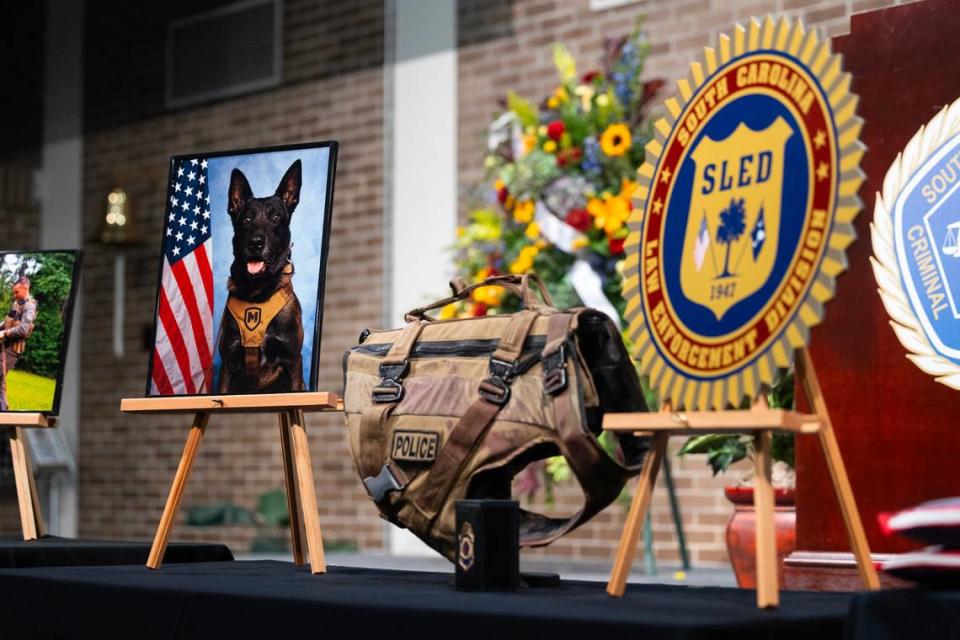State Law Enforcement Division holds a funeral for police K-9 Rico, who was killed last week while tracking a suspect. SLED agents who spoke at the funeral say Rico’s actions saved the lives of several human officers.