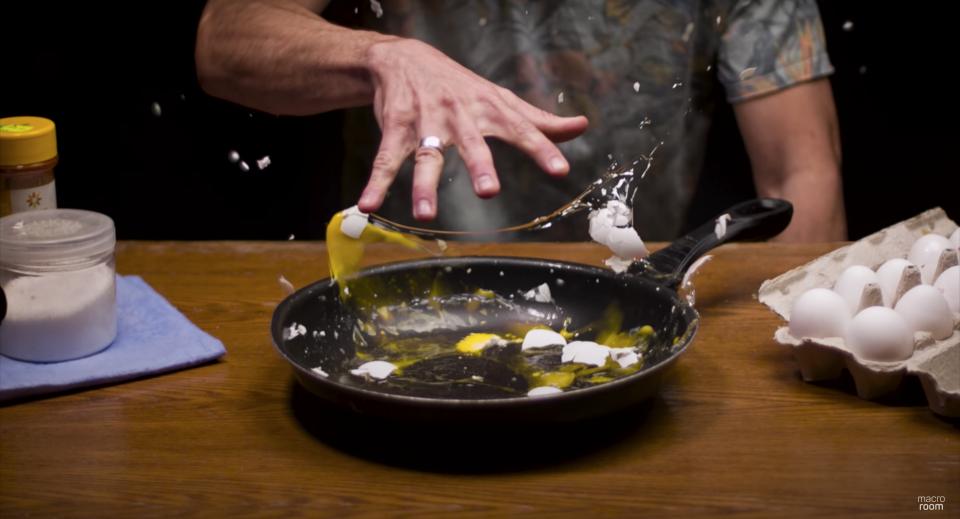 A video of YouTuber, Macro Room, playing with an egg in slow-motion time.