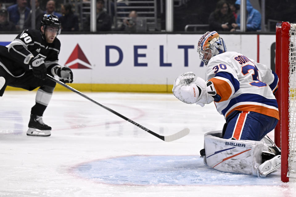 New York Islanders goaltender Ilya Sorokin (30) stops a shot by Los Angeles Kings center Pierre-Luc Dubois (80) during the second period of an NHL hockey game in Los Angeles, Monday, March 11, 2024. (AP Photo/Alex Gallardo)