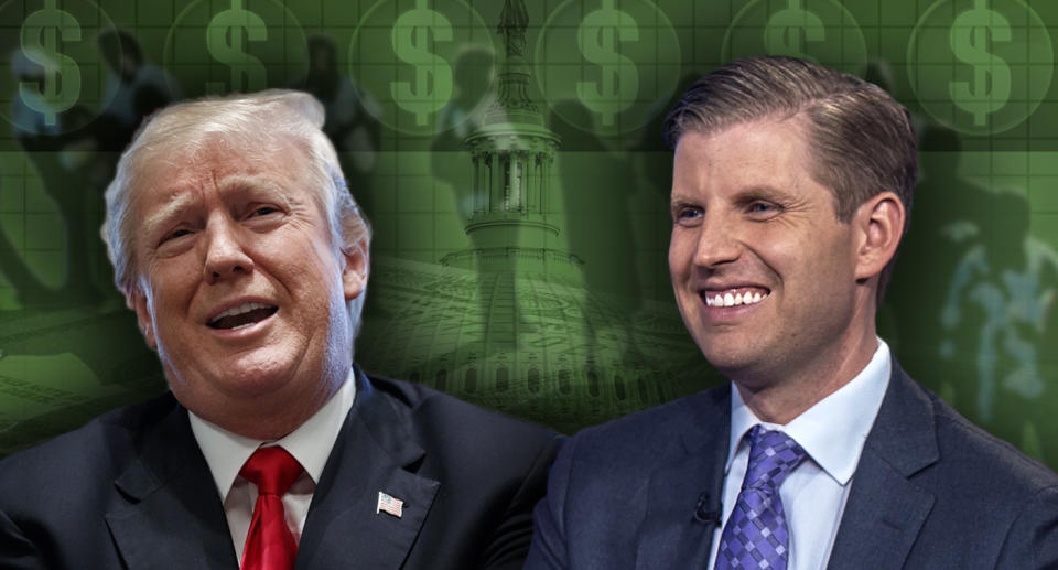 Donald Trump, Eric Trump. (Yahoo News photo illustration; photos: Evan Vucci/AP, Andres Kudacki/AP, AP)