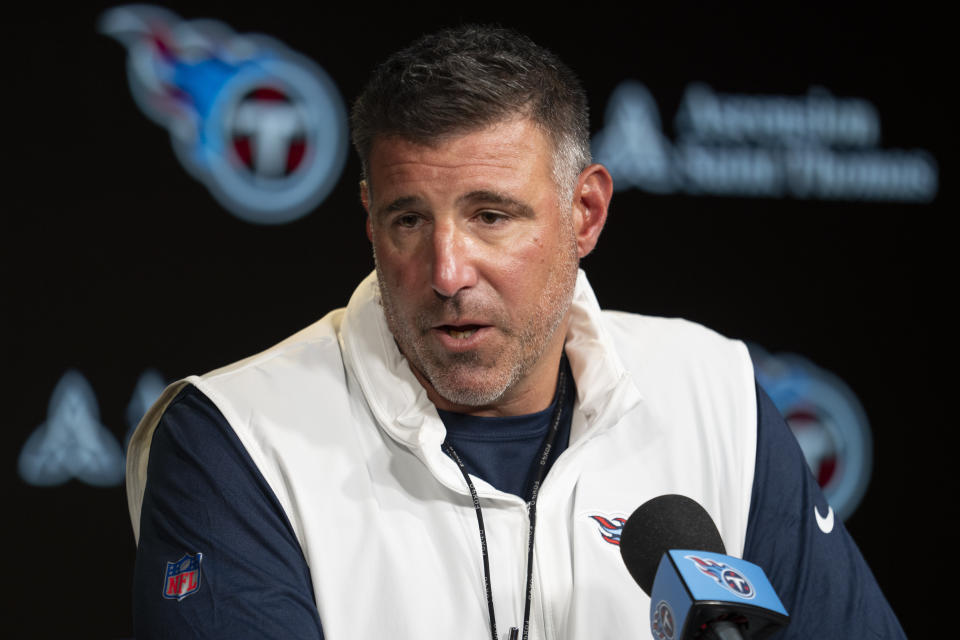 Tennessee Titans head coach Mike Vrabel responds to questions from reporters at the NFL football team's training facility Tuesday, July 25, 2023, in Nashville, Tenn. (AP Photo/George Walker IV)