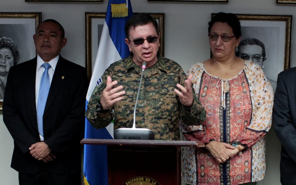 El Salvador's former Minister of Defense David Munguia Payes speaks during a news conference at the National Congress in San Salvador - Reuters