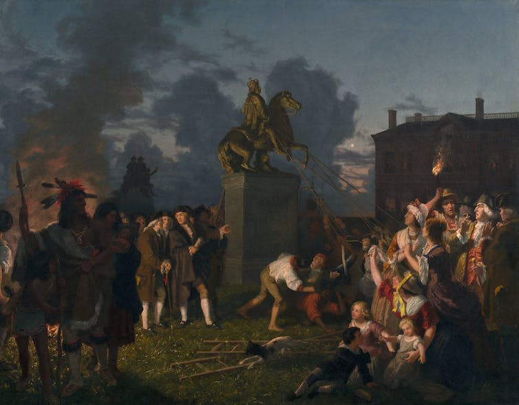 Painting depicting the pulling down of a statue.