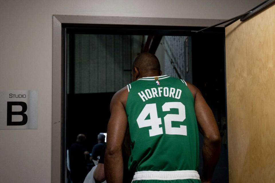 CANTON, MA - SEPTEMBER 26: Al Horford #42 of the Boston Celtics walks between sets during Boston Celtics Media Day at High Output Studios on September 26, 2022 in Canton, Massachusetts. NOTE TO USER: User expressly acknowledges and agrees that, by downloading and/or using this photograph, user is consenting to the terms and conditions of the Getty Images License Agreement. (Photo by Maddie Malhotra/Getty Images)