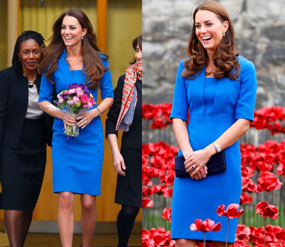 <p>Kate wore this L.K. Bennet sheath dress in February and August 2014.</p>