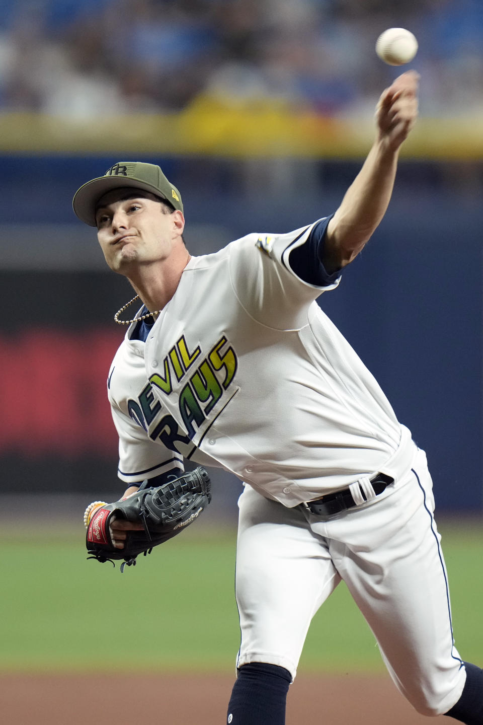 Tampa Bay Rays' Shane McClanahan pitches to the Milwaukee Brewers during the first inning of a baseball game Friday, May 19, 2023, in St. Petersburg, Fla. (AP Photo/Chris O'Meara)