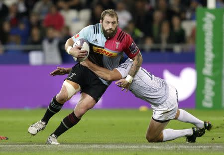 Rugby Union - Harlequins v Montpellier - European Rugby Challenge Cup Final - Grand Stade de Lyon, France - 13/5/16 Harlequins' Joe Marler in action with Montpellier's Francois Steyn Action Images via Reuters / Henry Browne Livepic