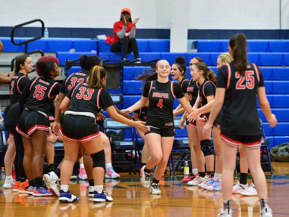 The Durfee girls' basketball team is introduced before a January 2023 game against Seekonk.