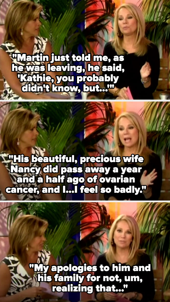 Kathie Lee Gifford speaking with a guest on a talk show, with overlaid text of their conversation about a sensitive topic