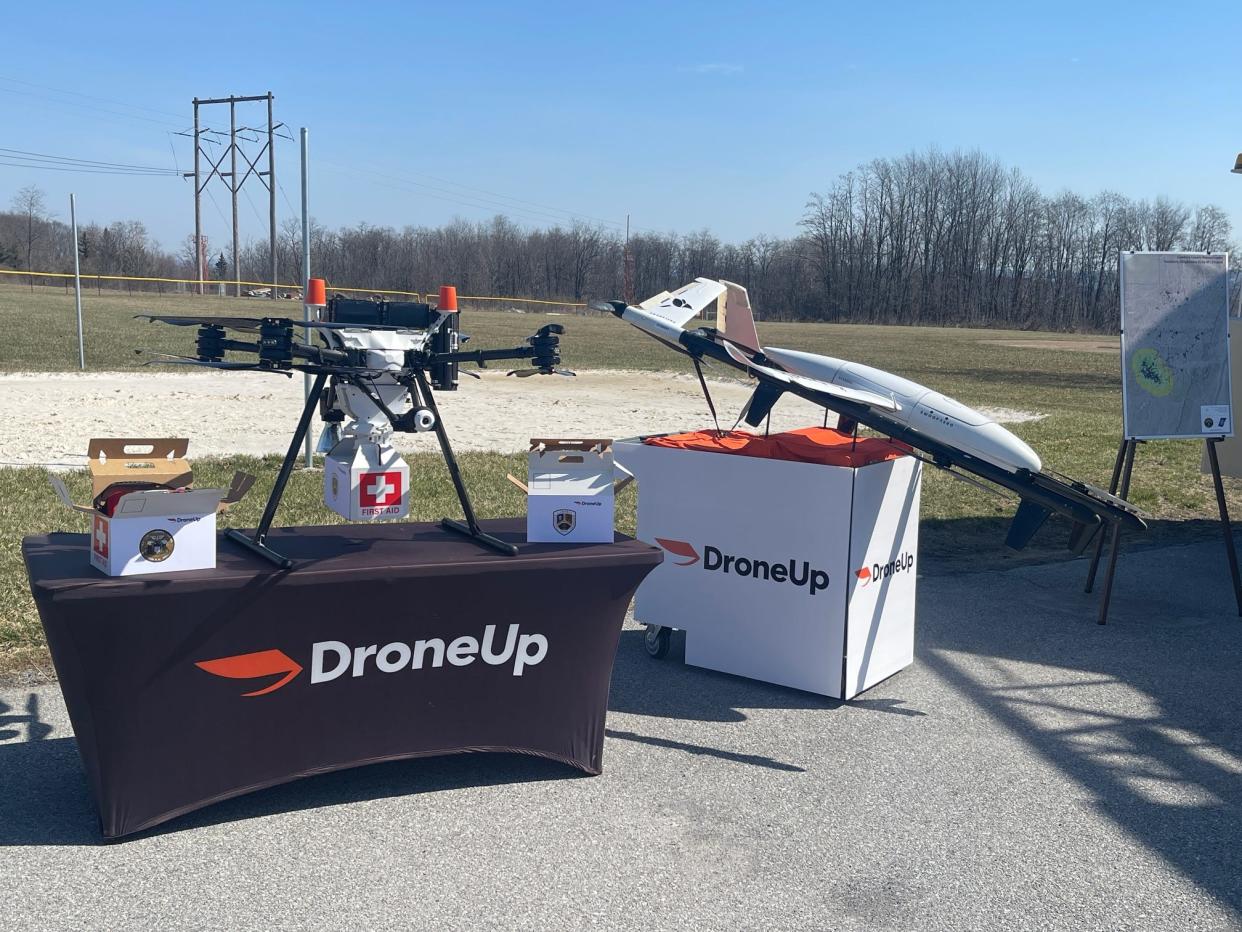 The Watts Prism Sky II, left, is used for shorter range missions (3 miles) and can fly at speeds of up to 25 miles per hour (21.7 knots), while the Swoop Aero, at right, can fly up to 100 miles and a top speed of 60 knots (69 mph).