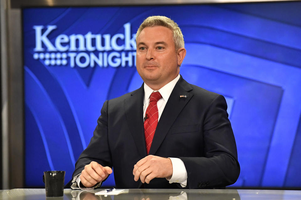 Kentucky Agricultural Commissioner Ryan Quarles gets ready for the start of the Kentucky Gubernatorial GOP Primary Debate in Lexington, Ky., Monday, May 1, 2023. (AP Photo/Timothy D. Easley)