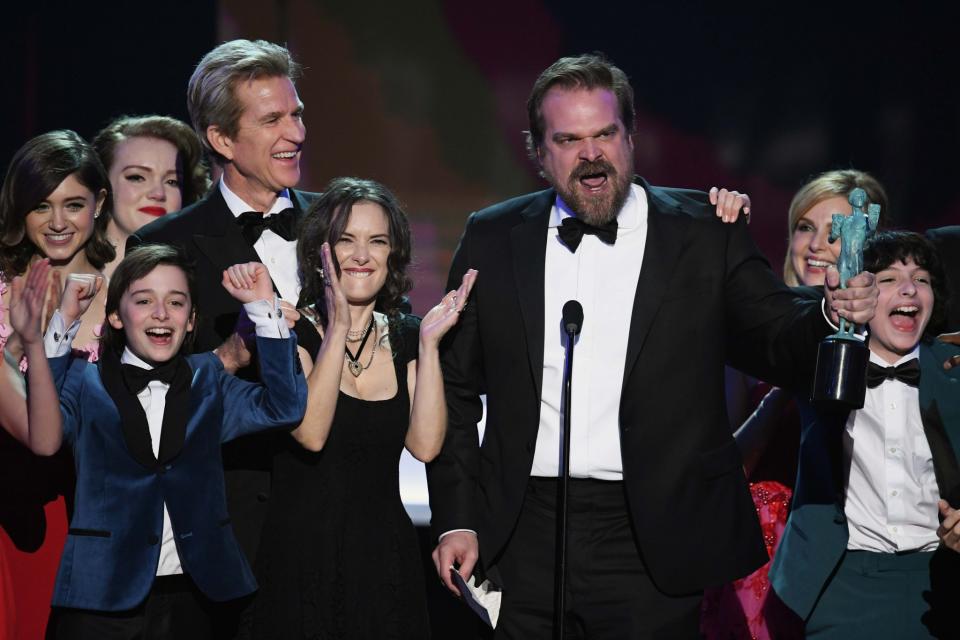 <p>‘Stranger Things’ star David Harbour brought the house down with his stand-out speech, which received a standing ovation, plus some very bizarre facial expressions from Winona Ryder. [Photo: Getty] </p>