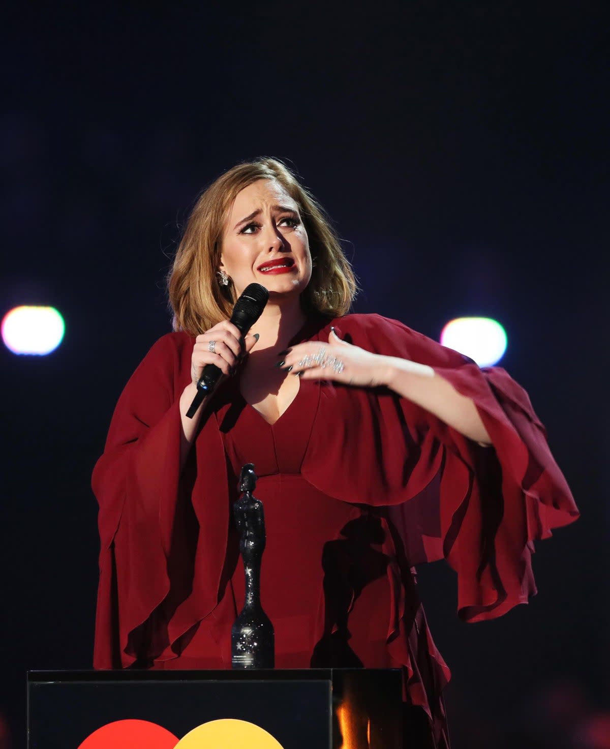 Getting emotional: Adele accepts the Global Success award at the BRIT Awards 2016 at The O2 Arena (Dave Benett)